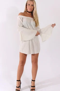 Rebellious Fashion White Metallic Bardot Pleated Bell Sleeves Dress - Lilja