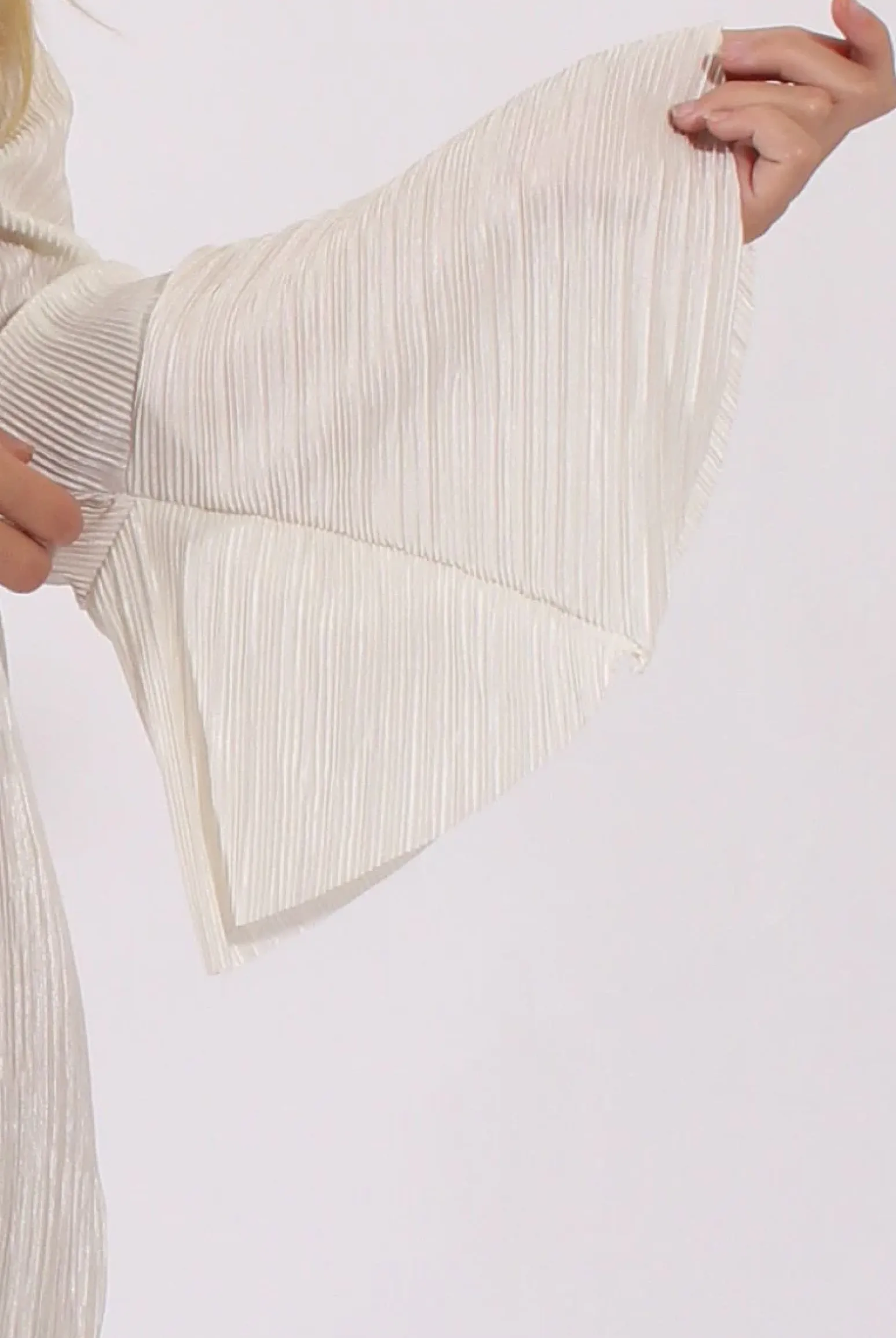 Rebellious Fashion White Metallic Bardot Pleated Bell Sleeves Dress - Lilja