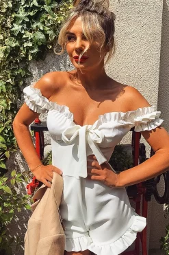 Rebellious Fashion White Milkmaid Frill Detail Playsuit - Frona