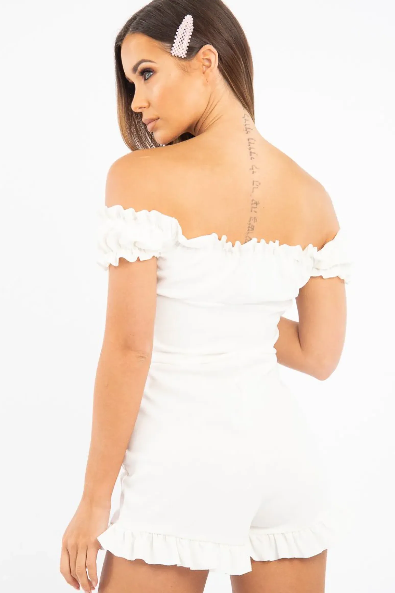 Rebellious Fashion White Milkmaid Frill Detail Playsuit - Frona