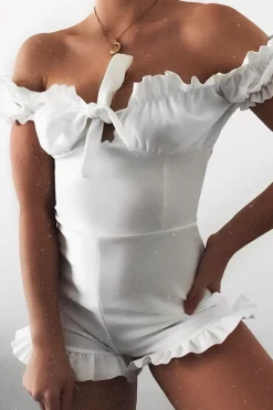 Rebellious Fashion White Milkmaid Frill Detail Playsuit - Frona