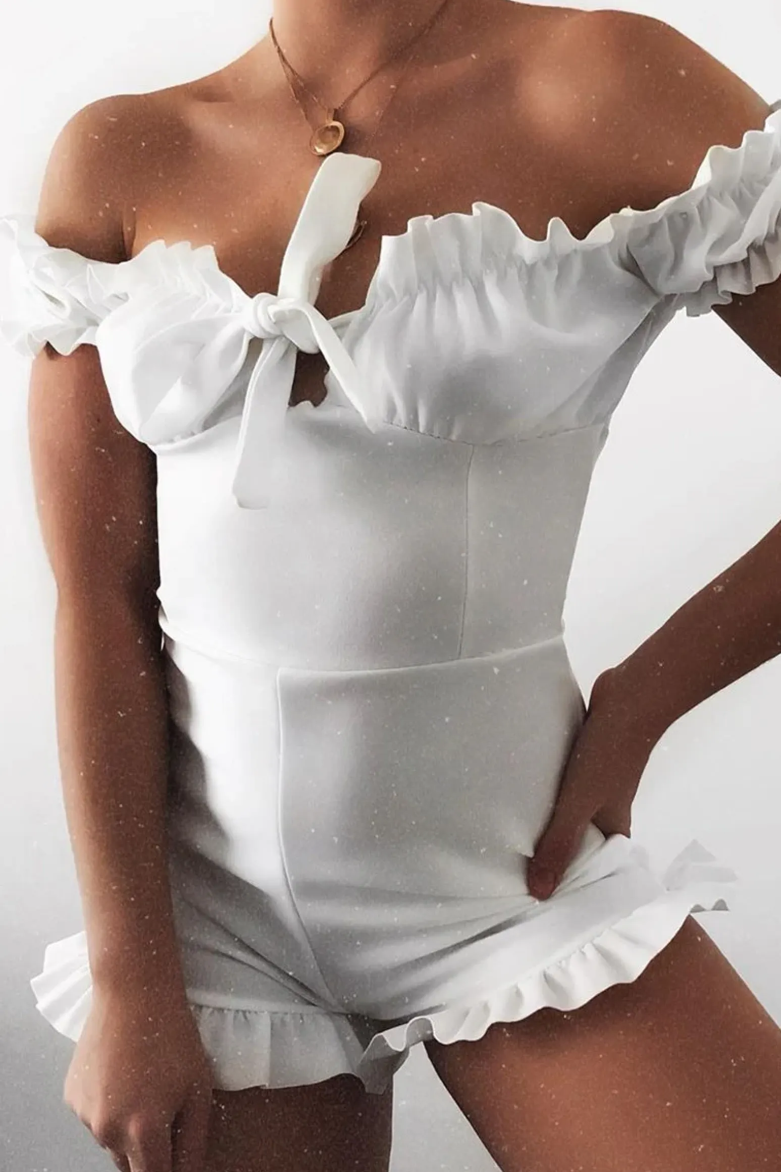 Rebellious Fashion White Milkmaid Frill Detail Playsuit - Frona