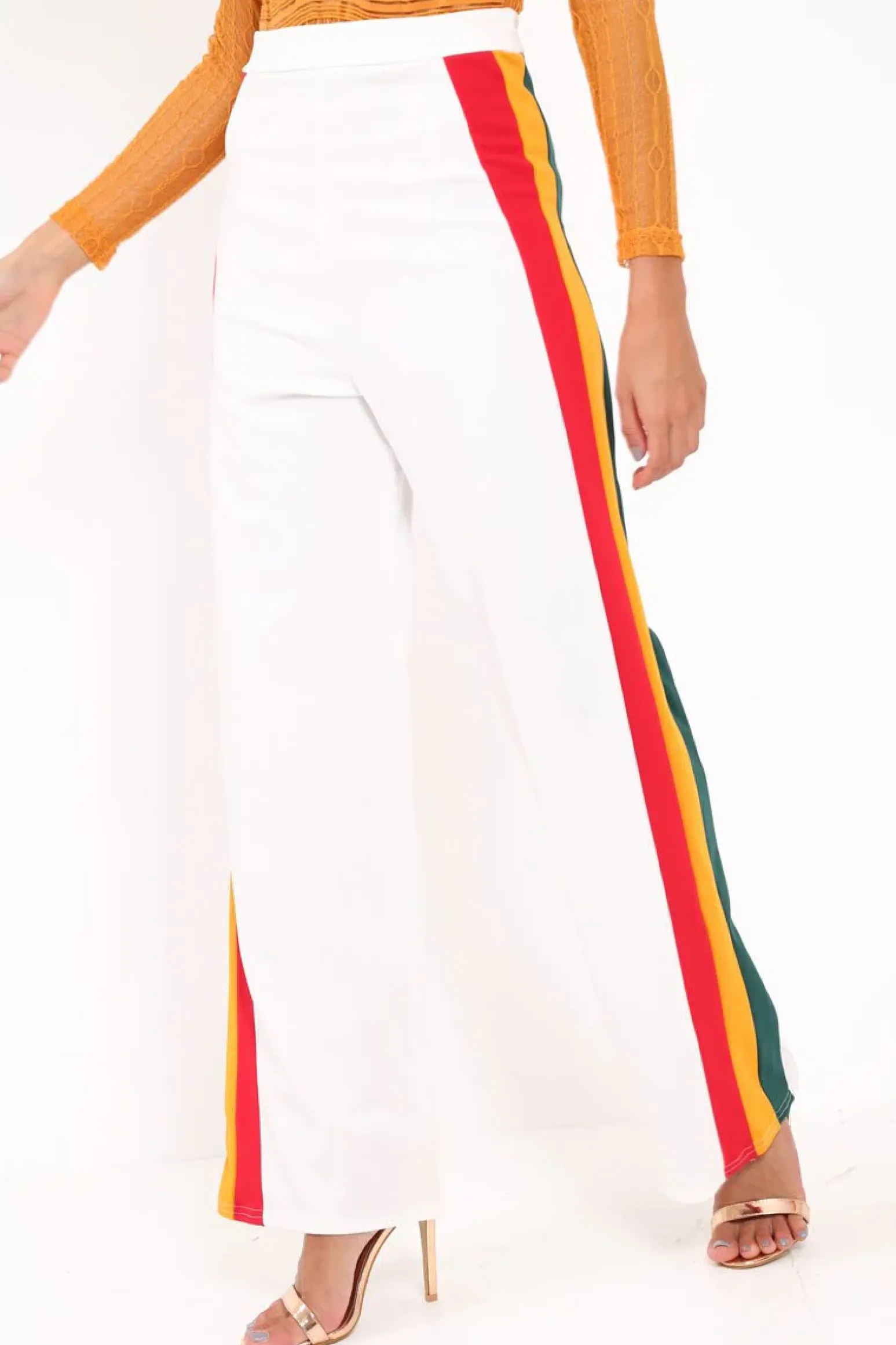 Rebellious Fashion White Multi Side Stripe High Waist Trousers - Wadie