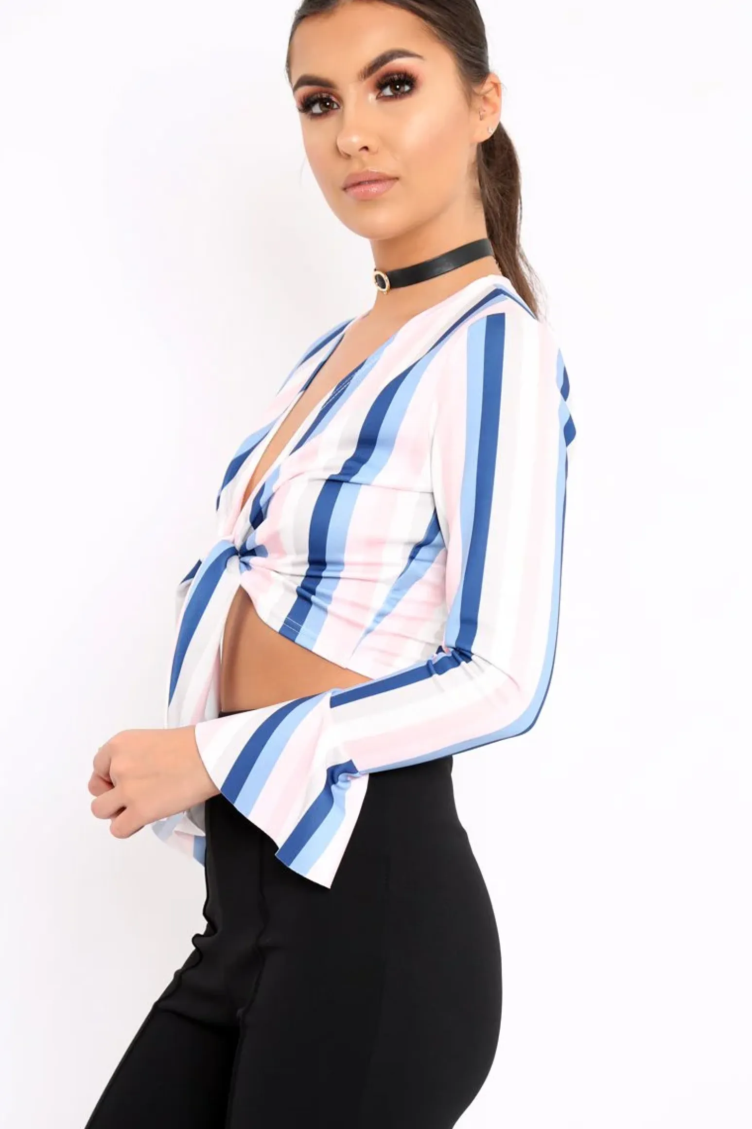Rebellious Fashion White Multi Stripe Plunge Tie Front Flare Sleeve Crop Top - Aimi
