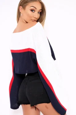 Rebellious Fashion White Navy and Red Stripe Contrast Jumper - Emylee