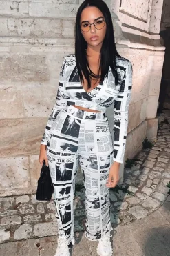 Rebellious Fashion White Newspaper Print Straight Leg Trousers - Lawryn