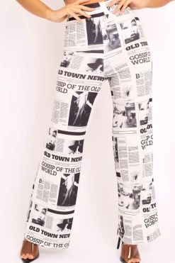 Rebellious Fashion White Newspaper Print Straight Leg Trousers - Lawryn