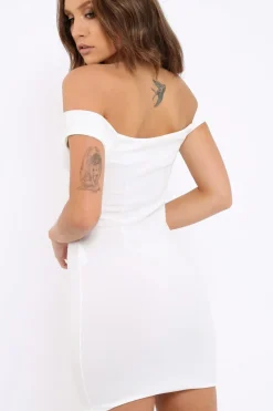 Rebellious Fashion White Off Shoulder Centre Eyelet Dress - Callie