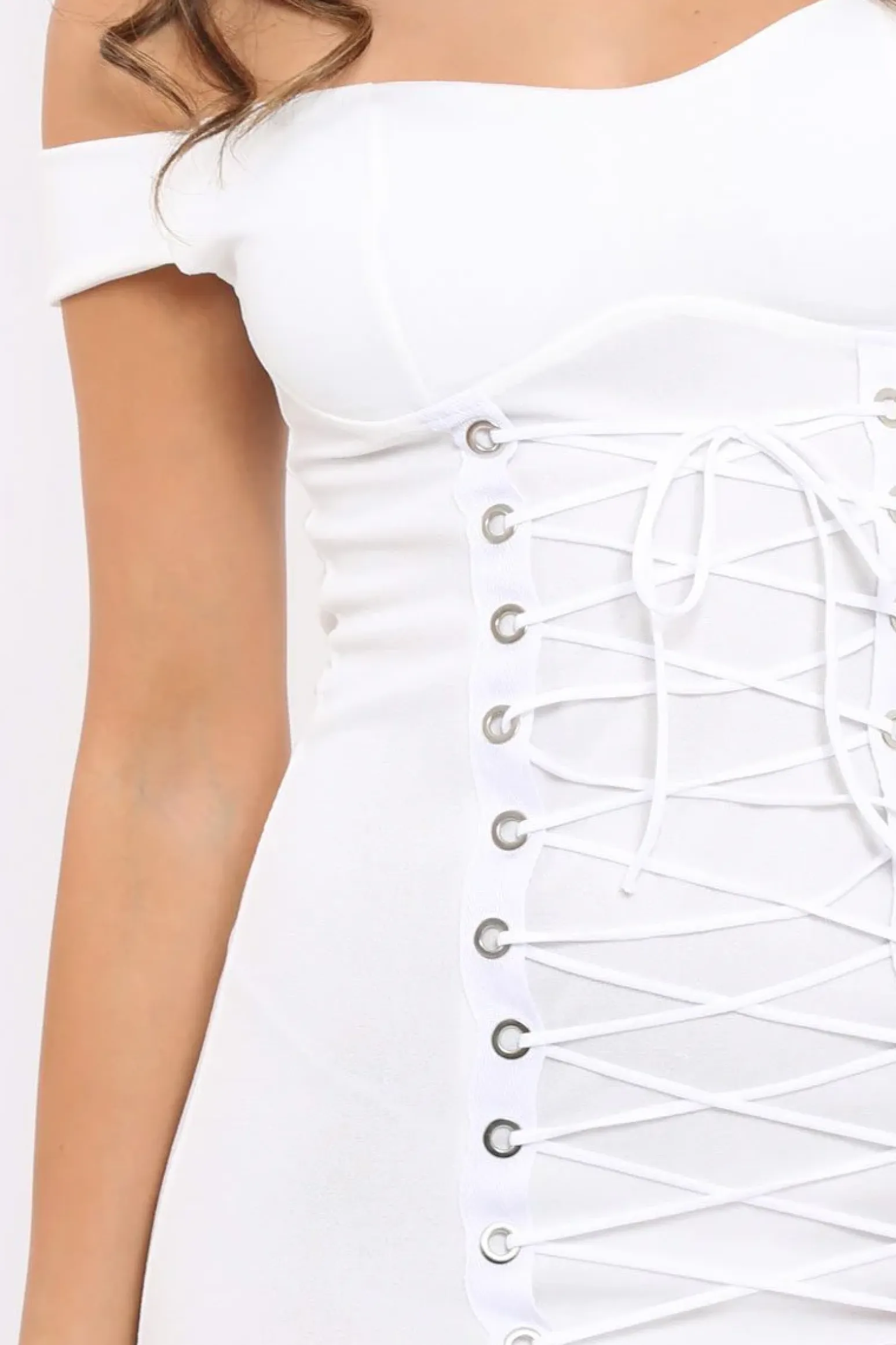 Rebellious Fashion White Off Shoulder Centre Eyelet Dress - Callie
