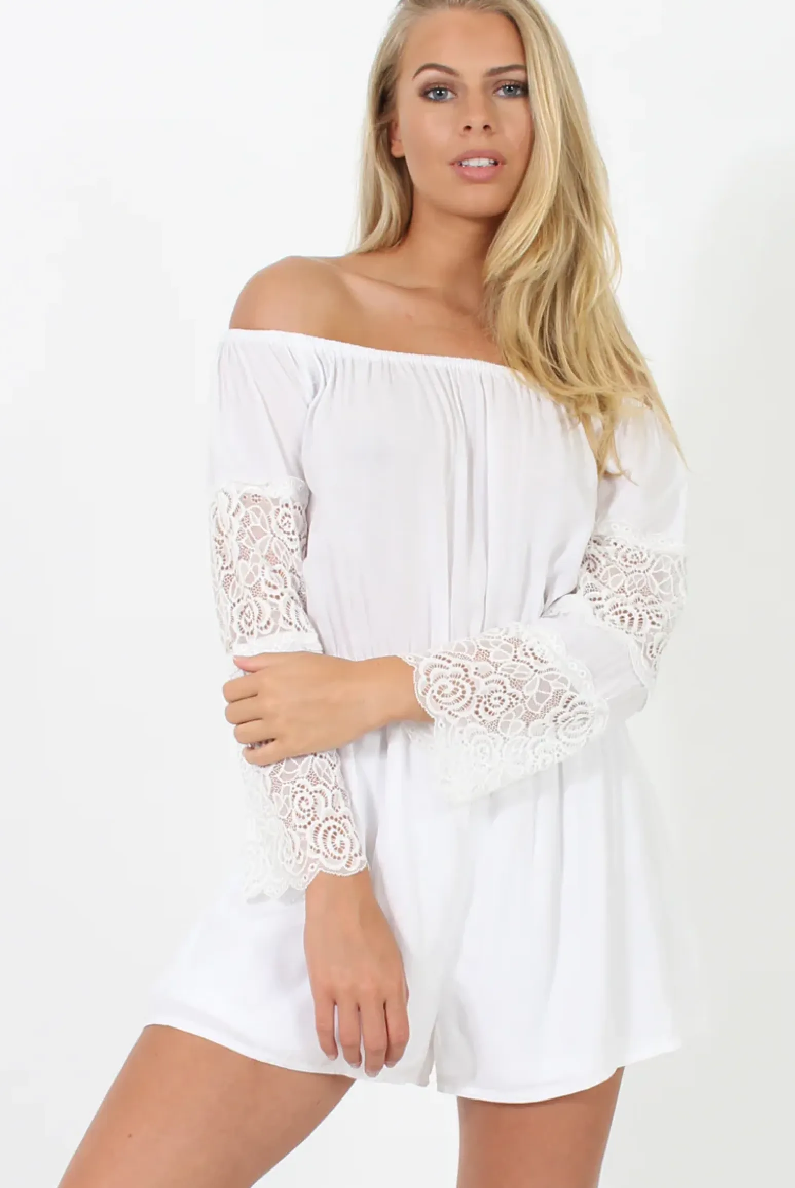 Rebellious Fashion White Off Shoulder Crochet Detail Playsuit - Koran