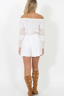 Rebellious Fashion White Off Shoulder Crochet Detail Playsuit - Koran