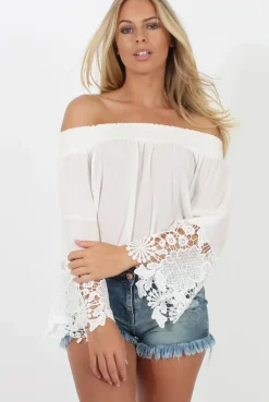Rebellious Fashion White Off Shoulder Crochet Detail Crop Top - Wednesday