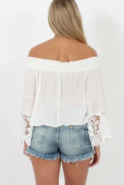 Rebellious Fashion White Off Shoulder Crochet Detail Crop Top - Wednesday