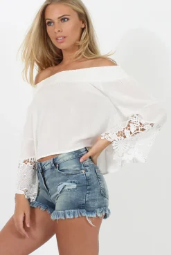 Rebellious Fashion White Off Shoulder Crochet Detail Crop Top - Wednesday