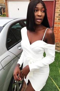 Rebellious Fashion White Off The Shoulder Blazer Dress - Halia