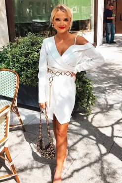 Rebellious Fashion White Off The Shoulder Blazer Dress - Halia