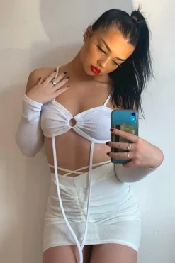 Rebellious Fashion White Off the Shoulder Long sleeve Crop Top and Ruched Mini Skirt Set - Anthi