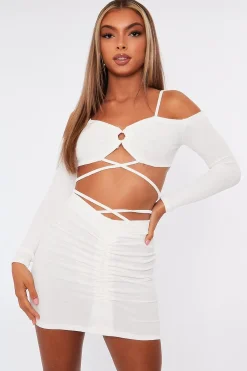 Rebellious Fashion White Off the Shoulder Long sleeve Crop Top and Ruched Mini Skirt Set - Anthi