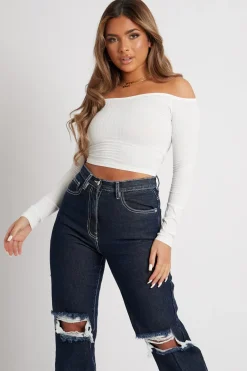 Rebellious Fashion White Off the Shoulder Long Sleeve Ruched Crop Top - Kali