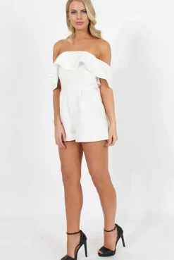 Rebellious Fashion White Off The Should Frill Playsuit - Annalix