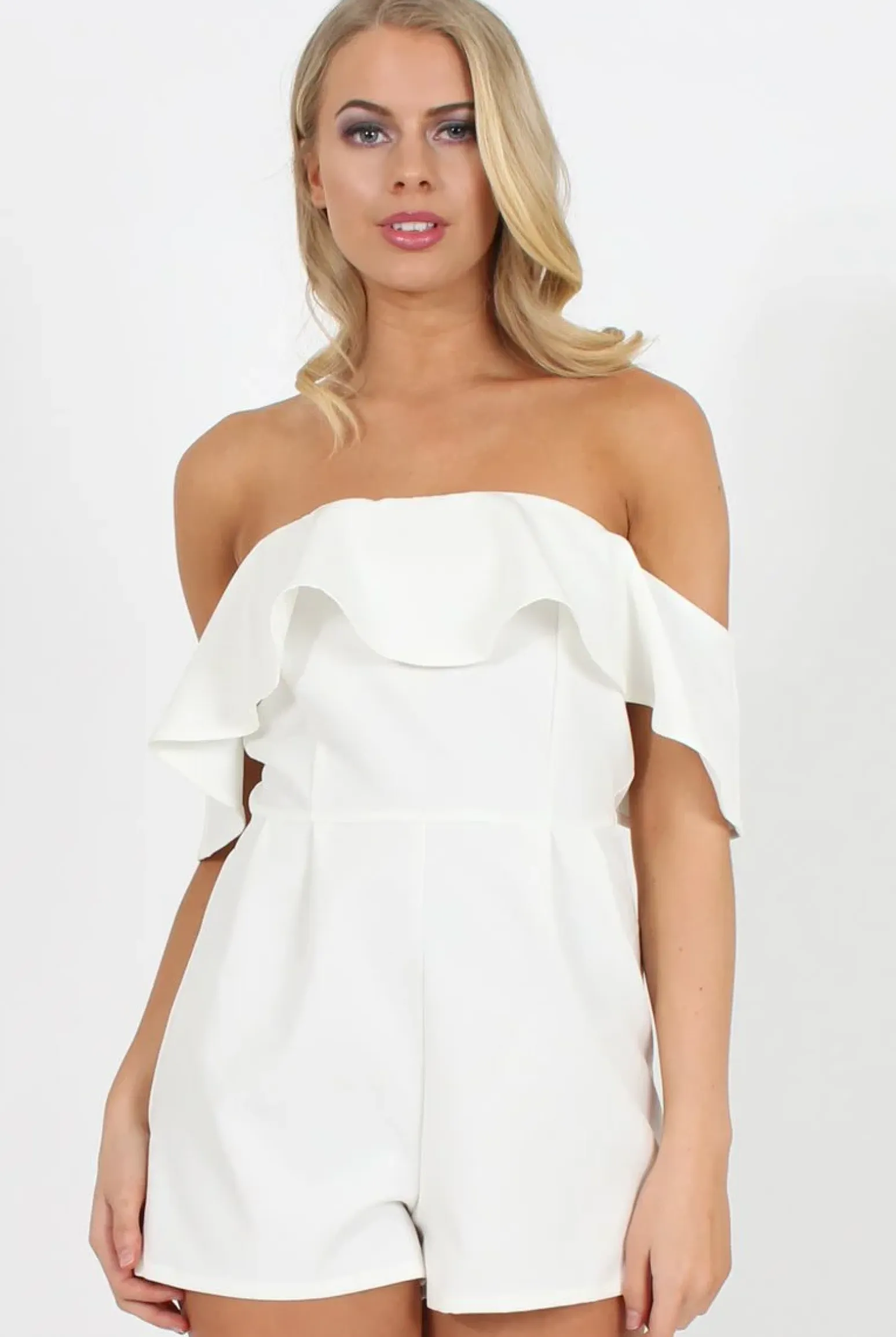 Rebellious Fashion White Off The Should Frill Playsuit - Annalix