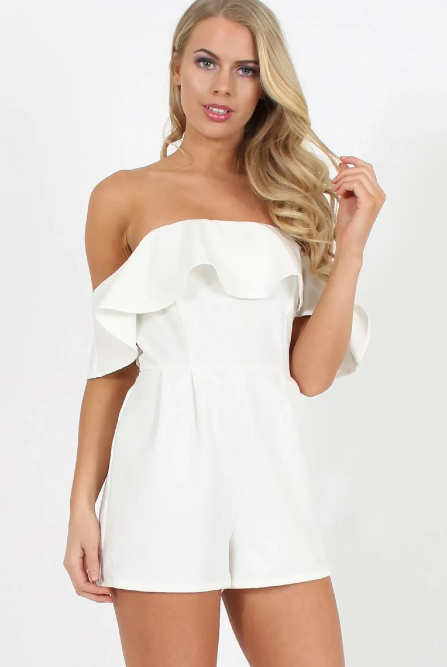 Rebellious Fashion White Off The Should Frill Playsuit - Annalix