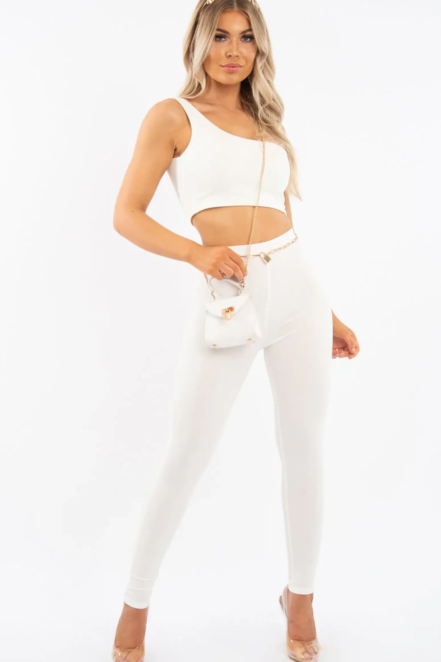 Rebellious Fashion White One Shoulder Crop Top and Leggings Co-Ord - Marrie