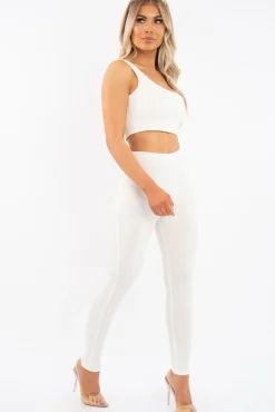Rebellious Fashion White One Shoulder Crop Top and Leggings Co-Ord - Marrie