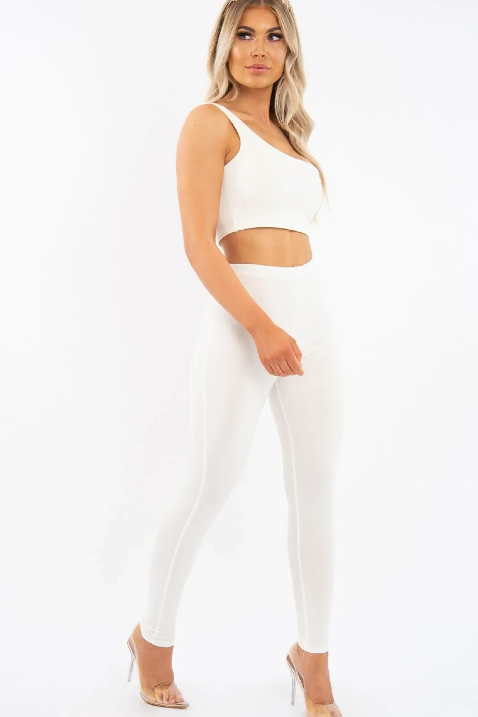 Rebellious Fashion White One Shoulder Crop Top and Leggings Co-Ord - Marrie