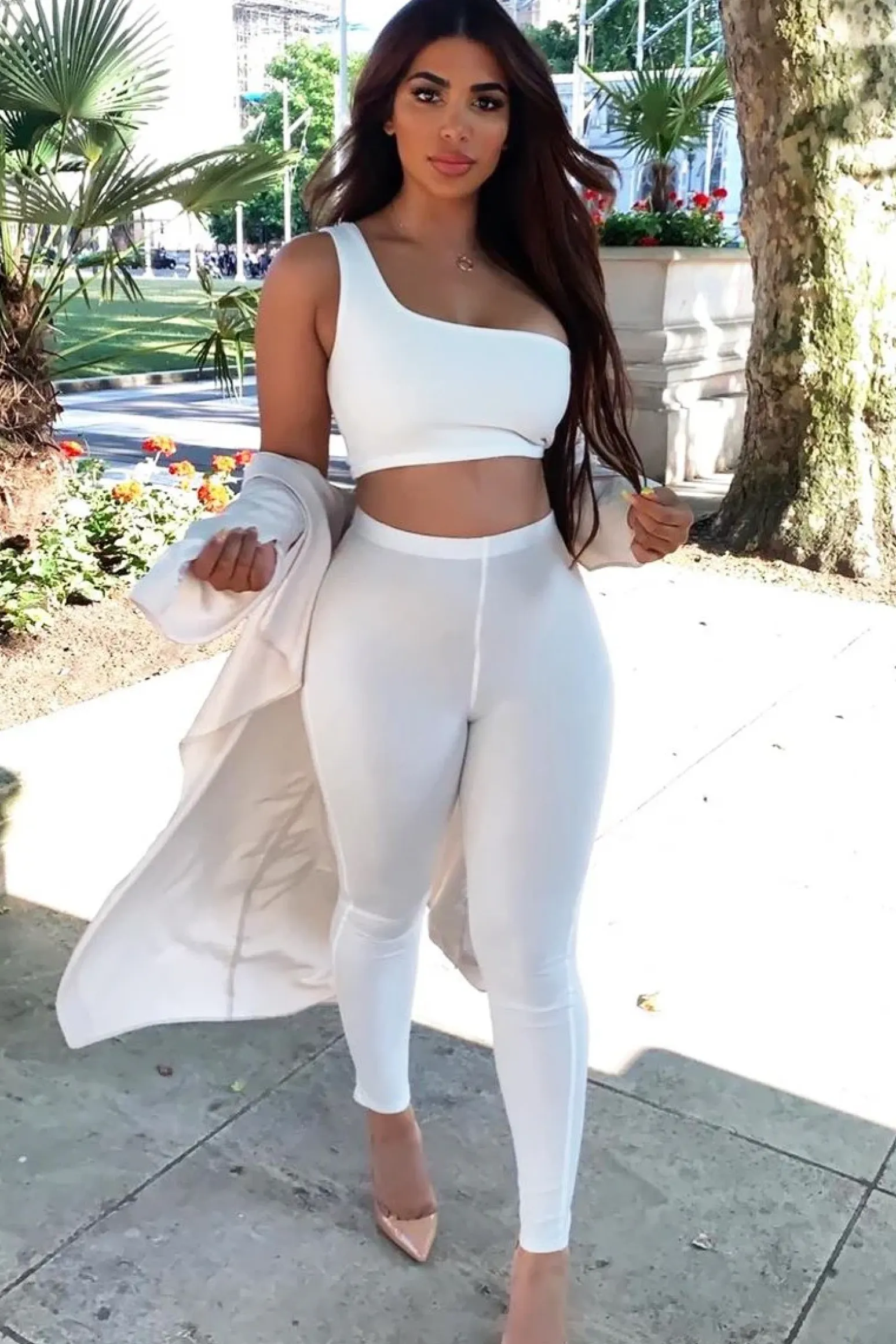 Rebellious Fashion White One Shoulder Crop Top and Leggings Co-Ord - Marrie