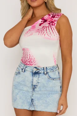 Rebellious Fashion White One Shoulder Flower Print Top - Valentina