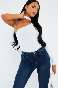Rebellious Fashion White One Sleeve High Neck Bodysuit - Qin