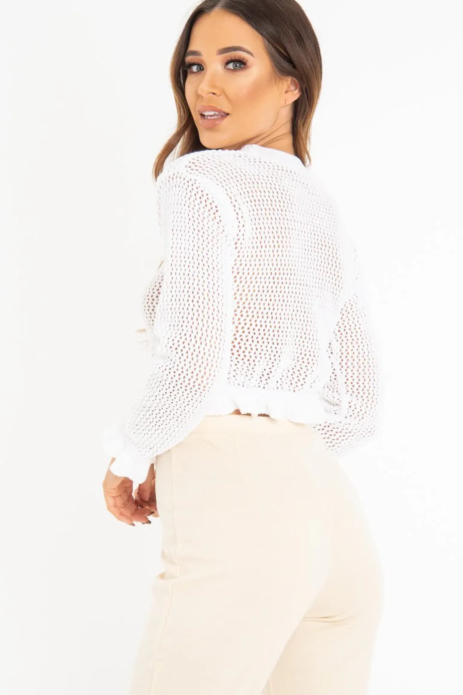Rebellious Fashion White Open Knit Ruffle Hem Crop Jumper - Carrie