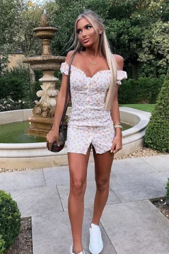 Rebellious Fashion White Orange Polka Dot Milkmaid Button Front Dress - Eisa