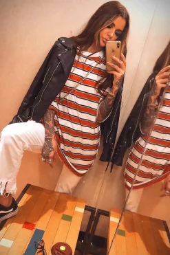Rebellious Fashion White Orange Stripe Oversized T-Shirt Dress - Rayelle