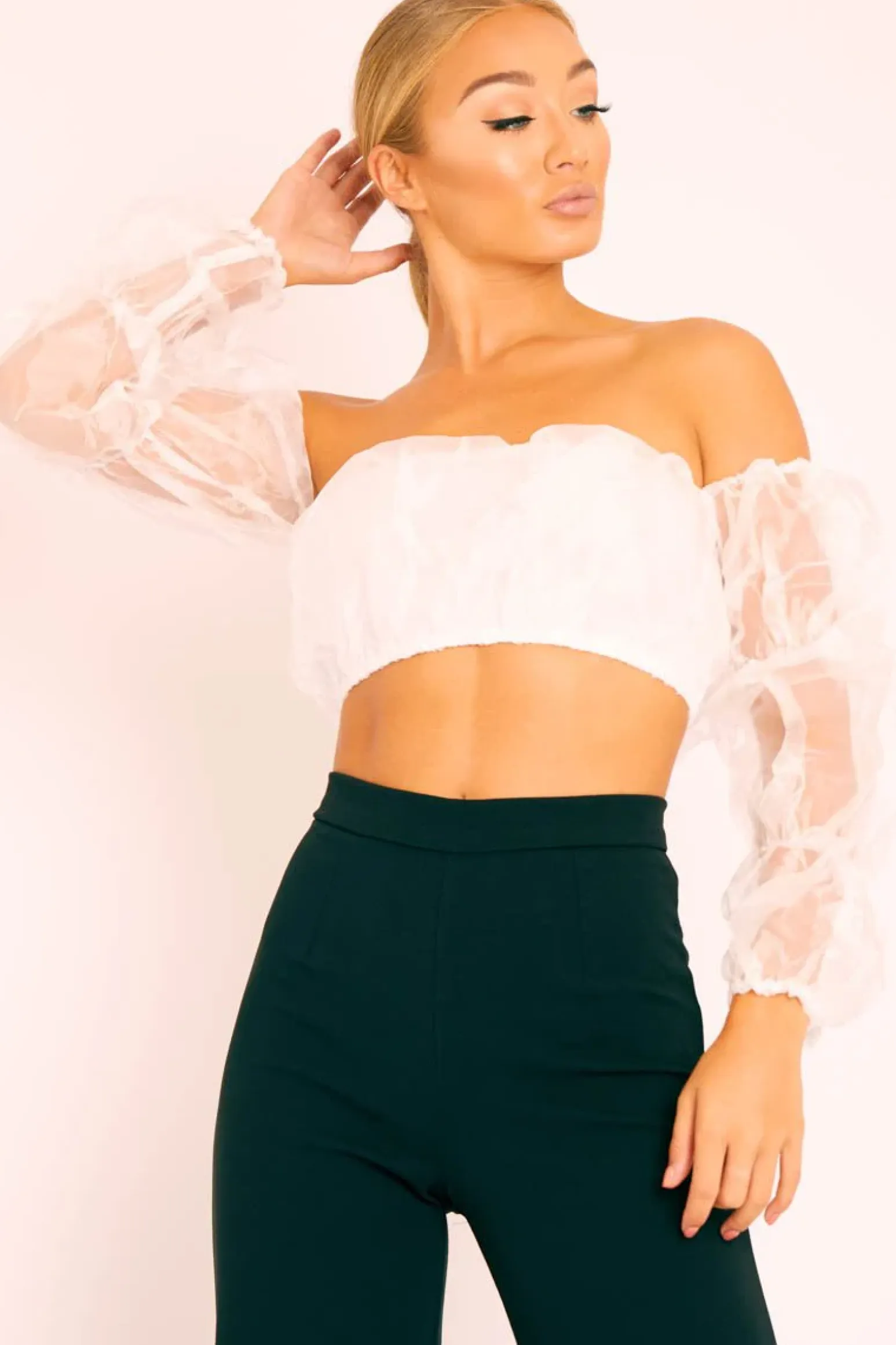 Rebellious Fashion White Organza Bardot Puff Sleeves Crop Top - Teresa