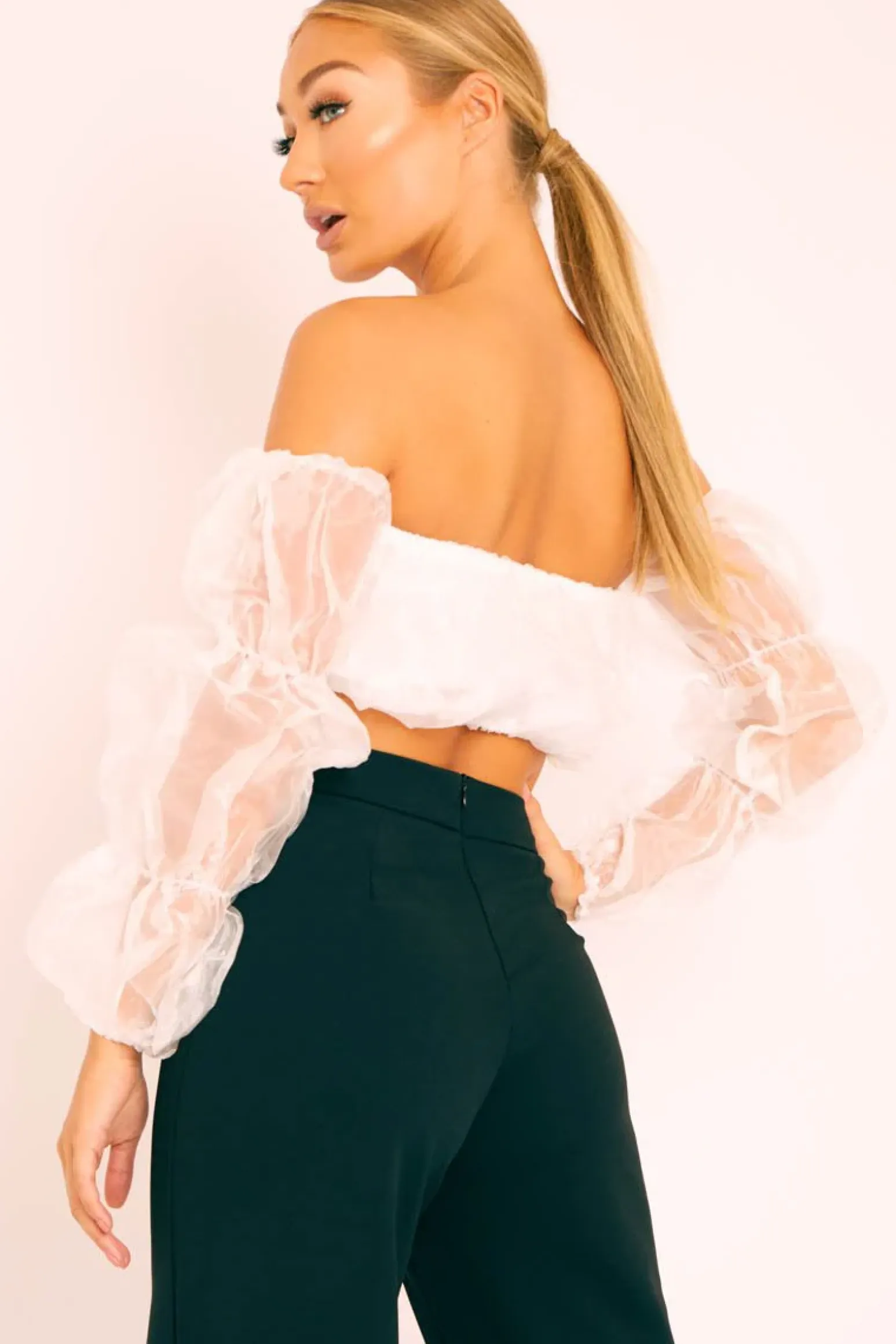 Rebellious Fashion White Organza Bardot Puff Sleeves Crop Top - Teresa