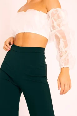 Rebellious Fashion White Organza Bardot Puff Sleeves Crop Top - Teresa