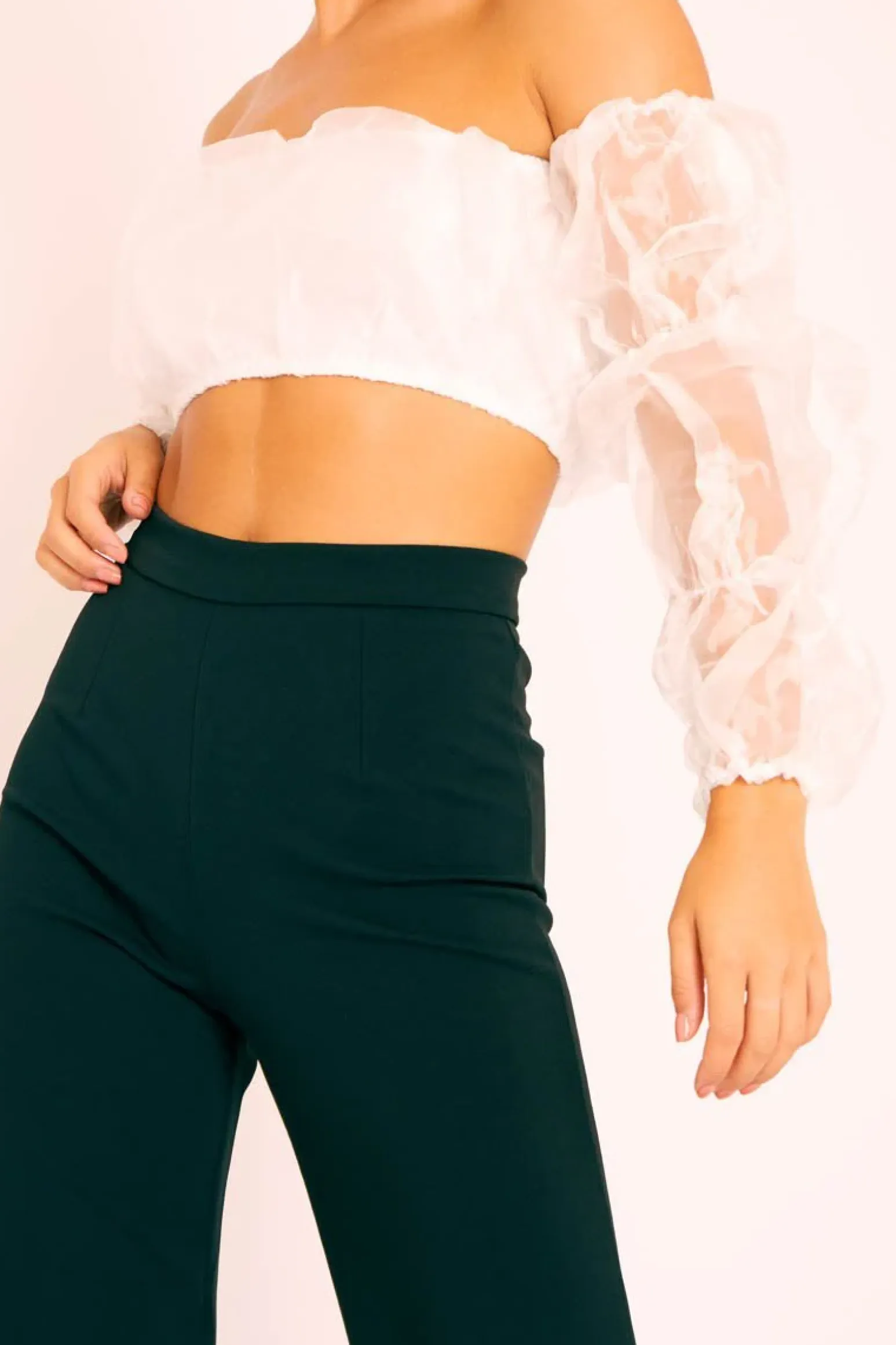 Rebellious Fashion White Organza Bardot Puff Sleeves Crop Top - Teresa
