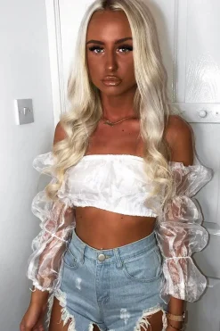 Rebellious Fashion White Organza Bardot Puff Sleeves Crop Top - Teresa