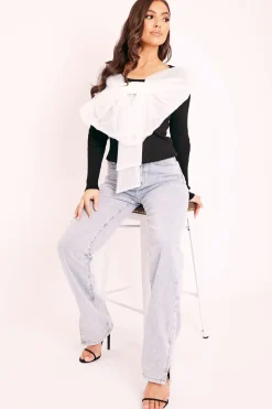 Rebellious Fashion White Organza Bow Front Ribbed Top - Fergie
