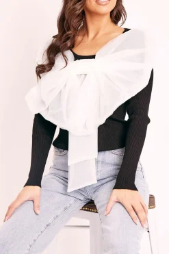 Rebellious Fashion White Organza Bow Front Ribbed Top - Fergie