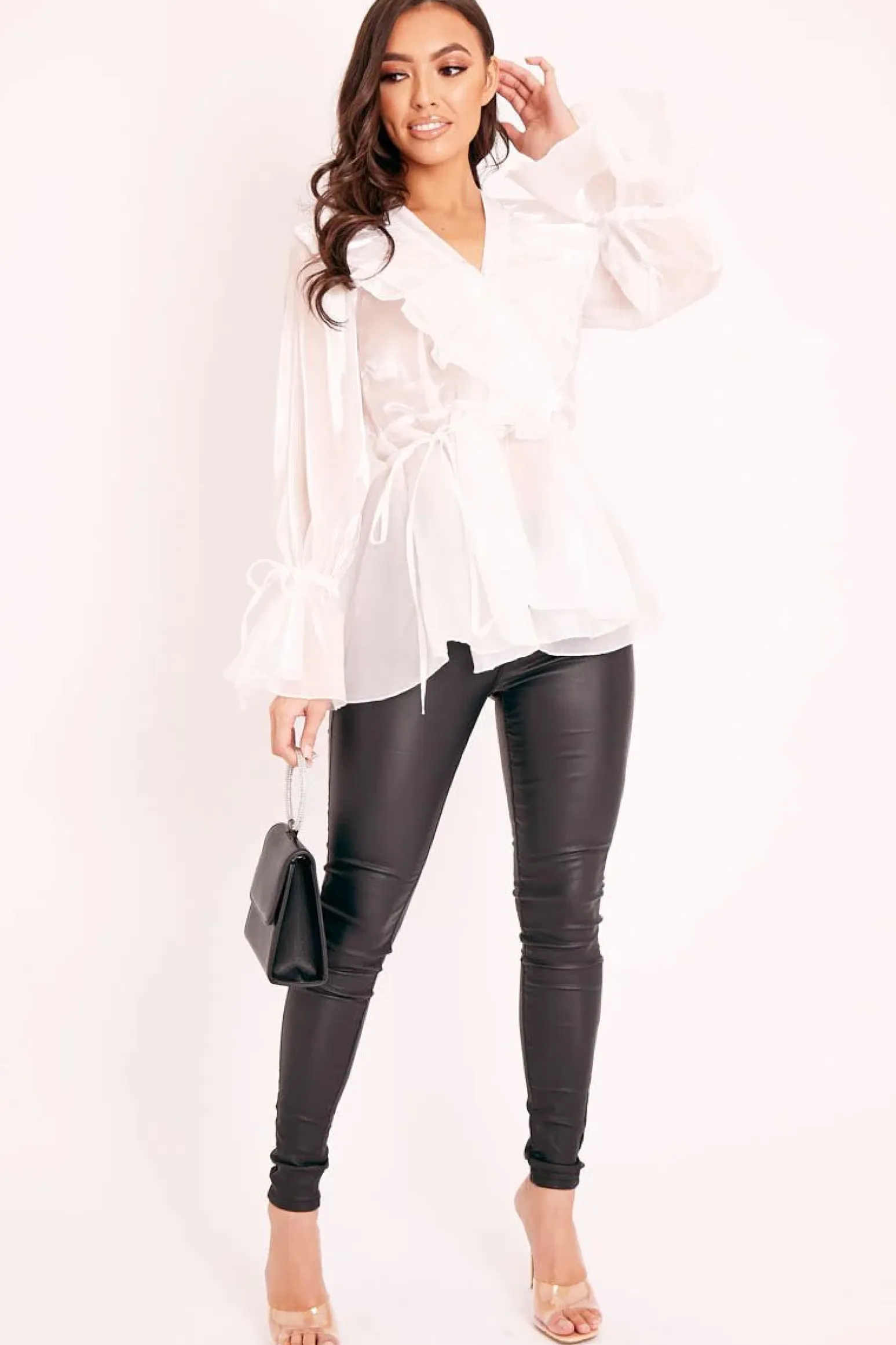 Rebellious Fashion White Organza Ruffle Wrap Blouse - Gabrielle