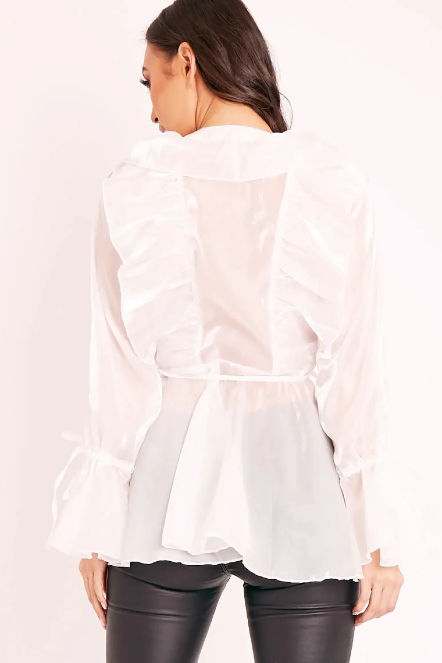 Rebellious Fashion White Organza Ruffle Wrap Blouse - Gabrielle
