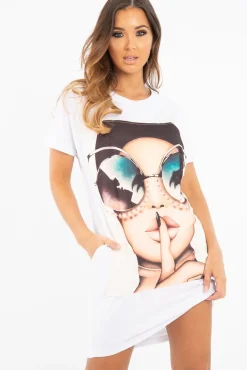 Rebellious Fashion White Oversized Face Silence T-Shirt Dress - Brinsley