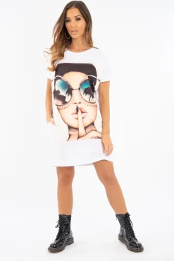 Rebellious Fashion White Oversized Face Silence T-Shirt Dress - Brinsley