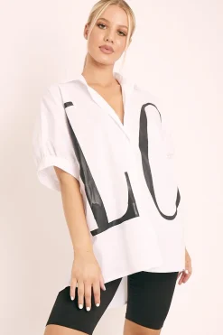 Rebellious Fashion White Oversized LO VE Shirt - Harmony