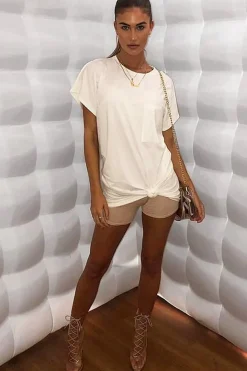 Rebellious Fashion White Oversized Pocket Front Midi T-Shirt Dress - Whitney