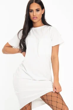 Rebellious Fashion White Oversized Pocket Front Midi T-Shirt Dress - Whitney