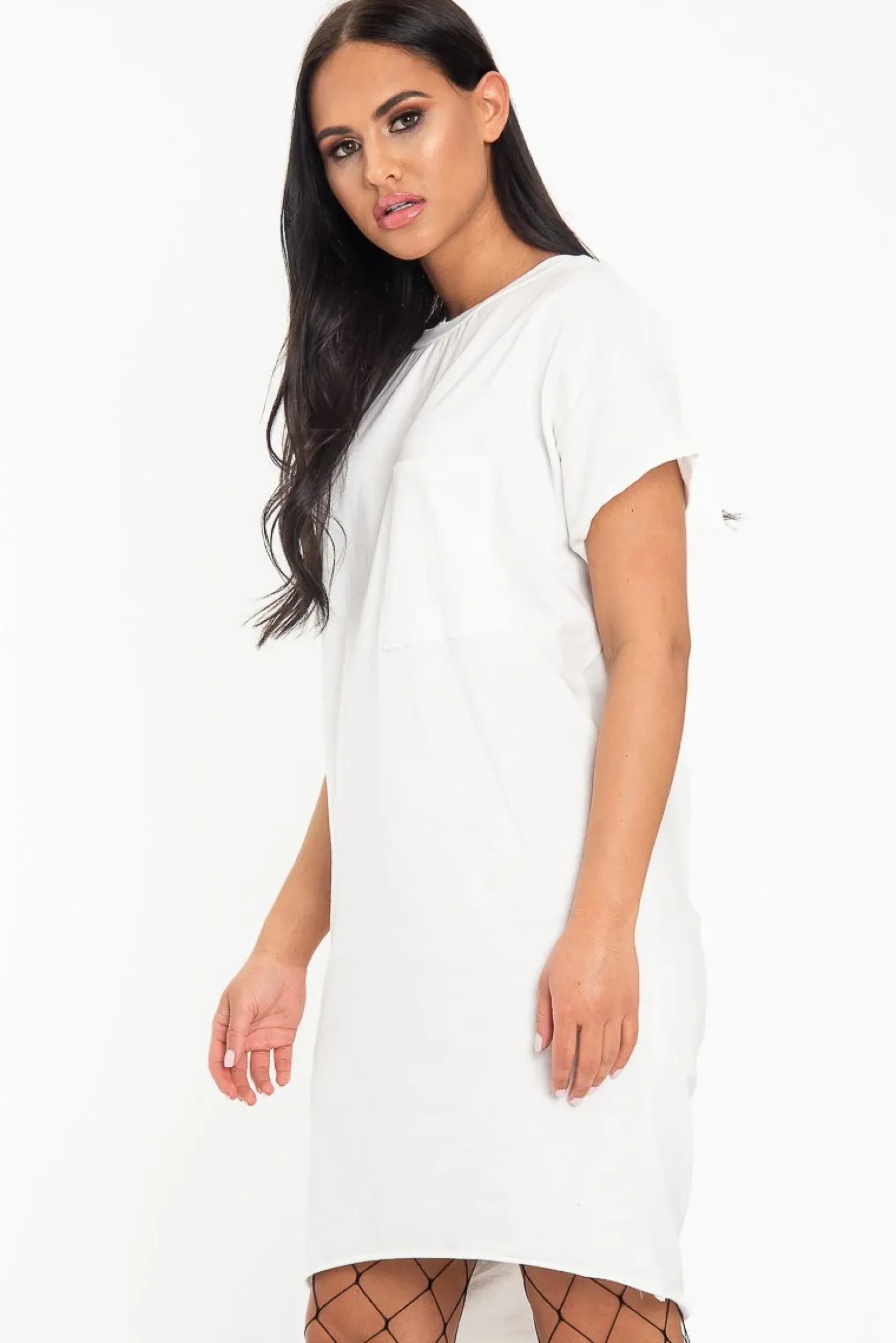 Rebellious Fashion White Oversized Pocket Front Midi T-Shirt Dress - Whitney